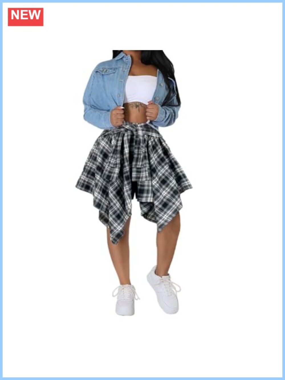 High Waist Plaid Knot Asymmetrical Skirt for Women Pleated A-Line Mini